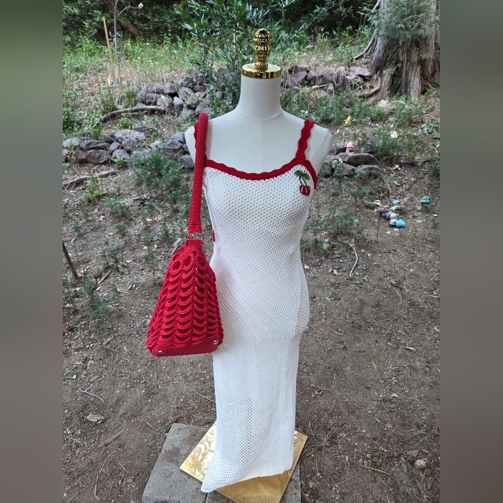 WAYF Red And White Summer Crochet Maxi Dress With Crochet Purse‎